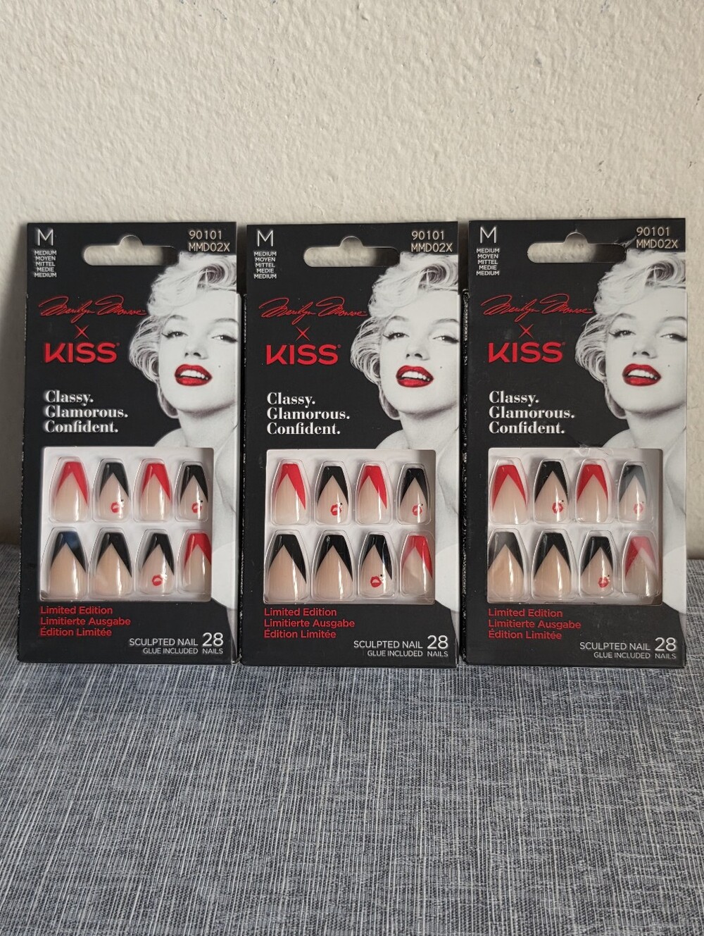 3 Packs Kiss X Marilyn Monroe Glue On Nails Black And Red Tips New